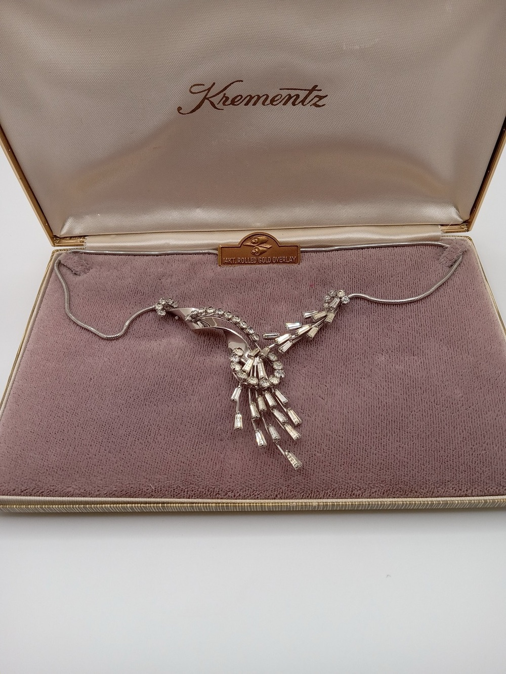 Vintage Krementz Rhinestone Necklace Earrings Set Signed Baguette Boxed